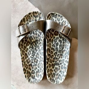 Bronze Birkenstock Papillio 7 new with soft animal print footbed.